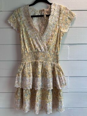 American Eagle Outfitters Yellow Floral Eyelet Tiered Mini Dress